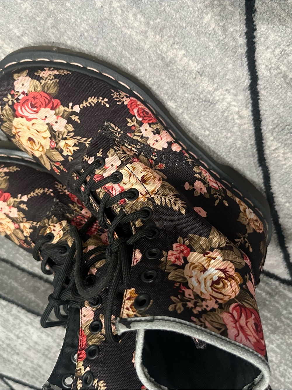 Dr. Martens Floral Lace-Up Ankle Boots in Black, Pink & Cream
